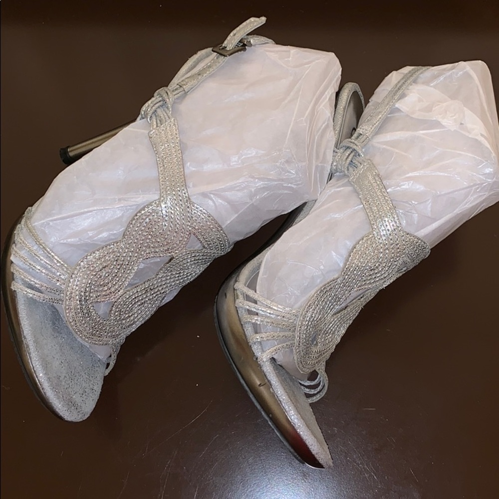 Dressy silver sandal heels